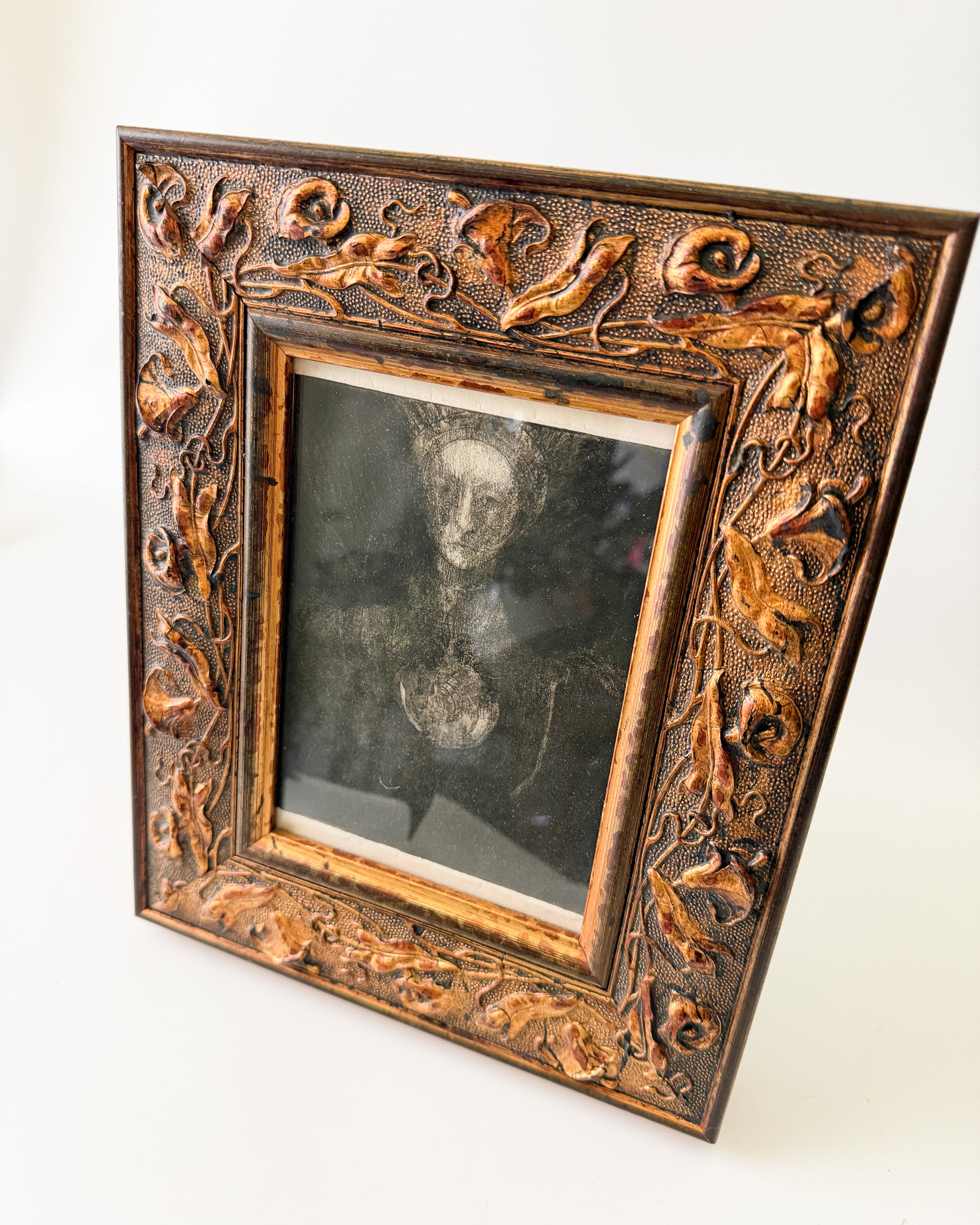 Framed Vintage Etching of Woman with Large Medallion