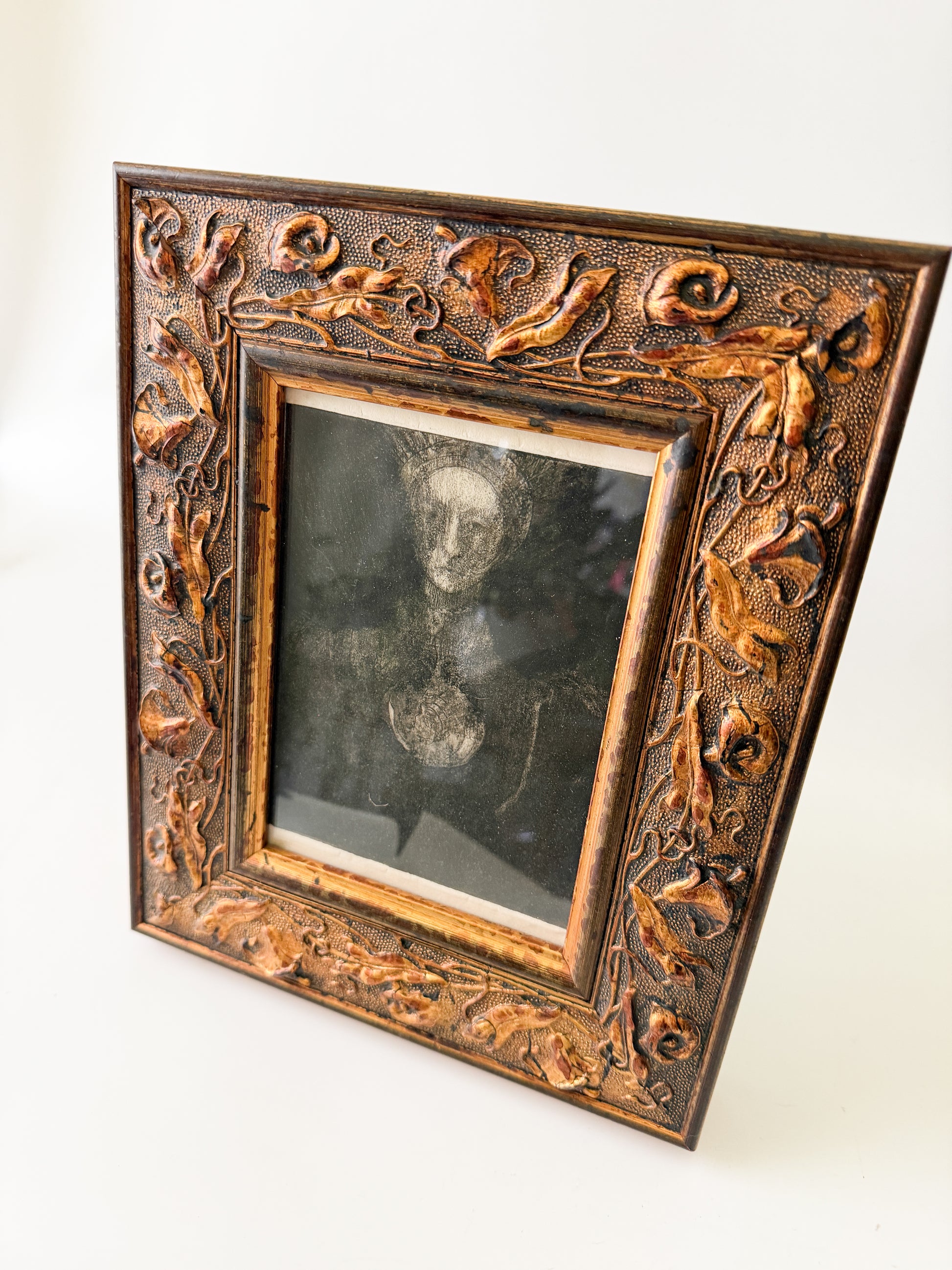 Framed Vintage Etching of Woman with Large Medallion