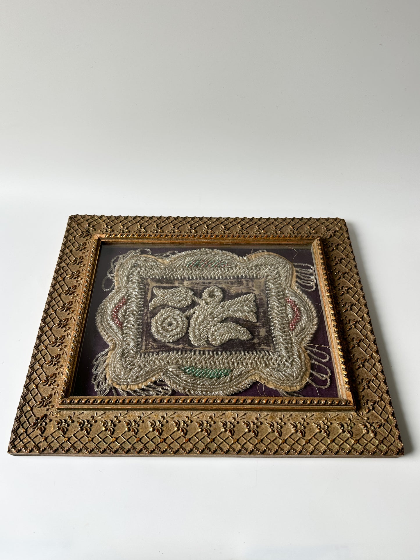 Antique Iroquois Hand Beaded Floral Textile Framed