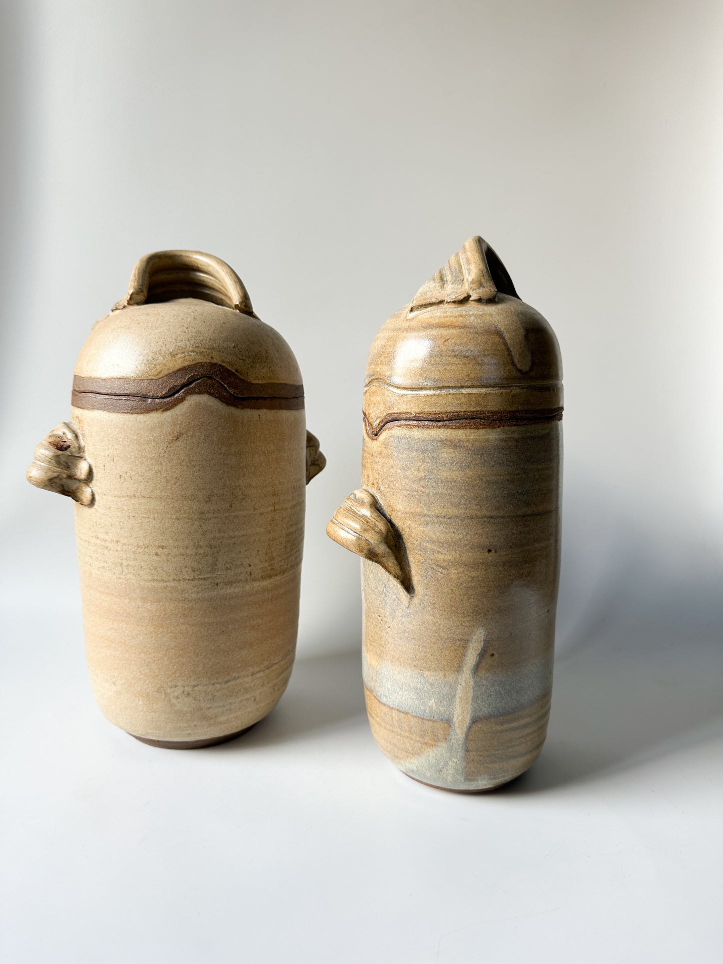 Vintage Set of Two Tall Handmade Stoneware Containers - Signed
