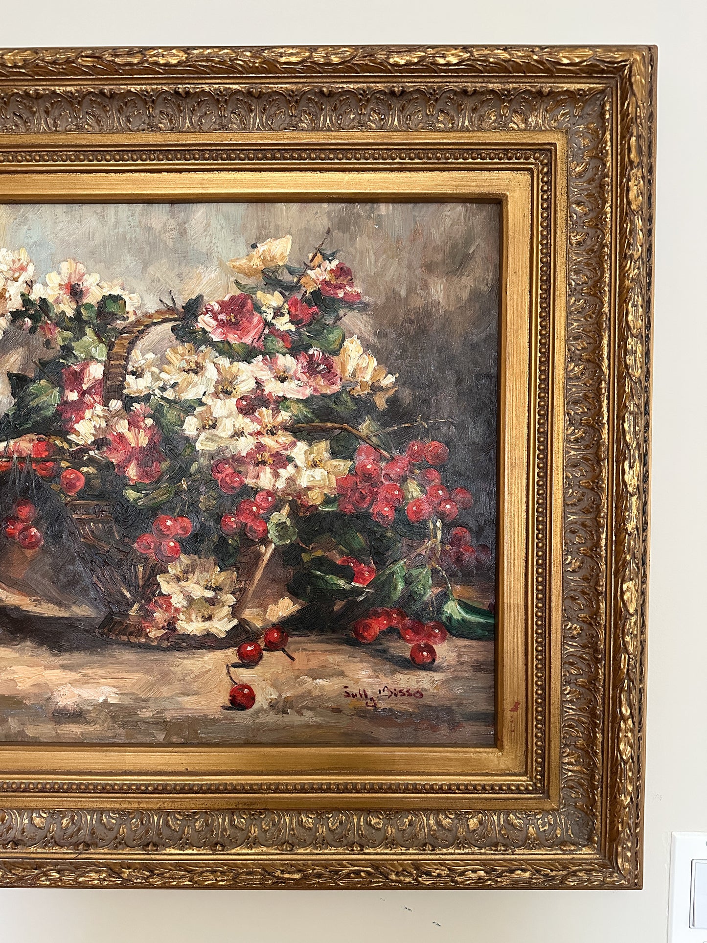 Oil Painting Still Life Basket of Flowers and Berries by Sully Bisso