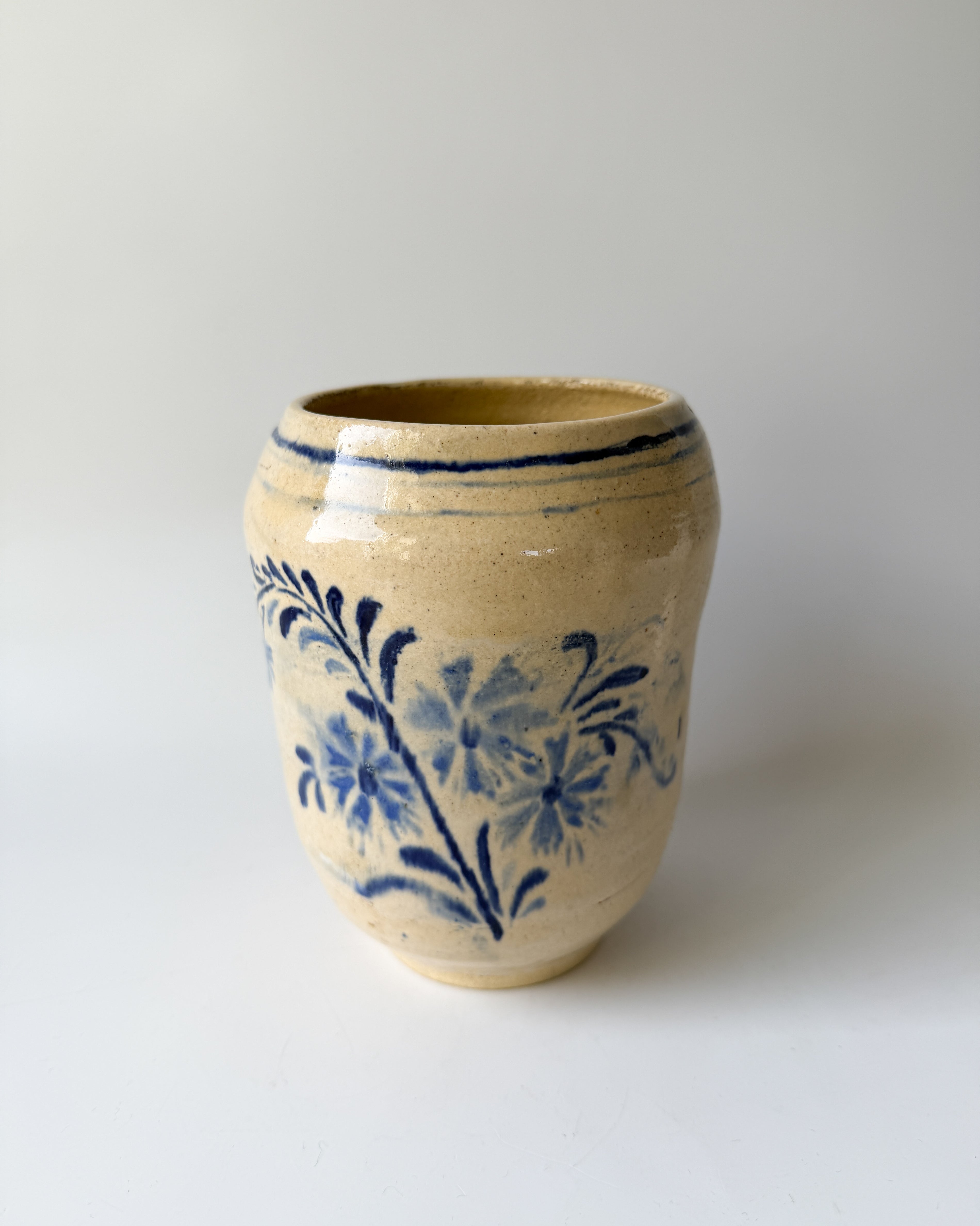 Vintage Pottery with Hand Painted Blue Flowers (signed)