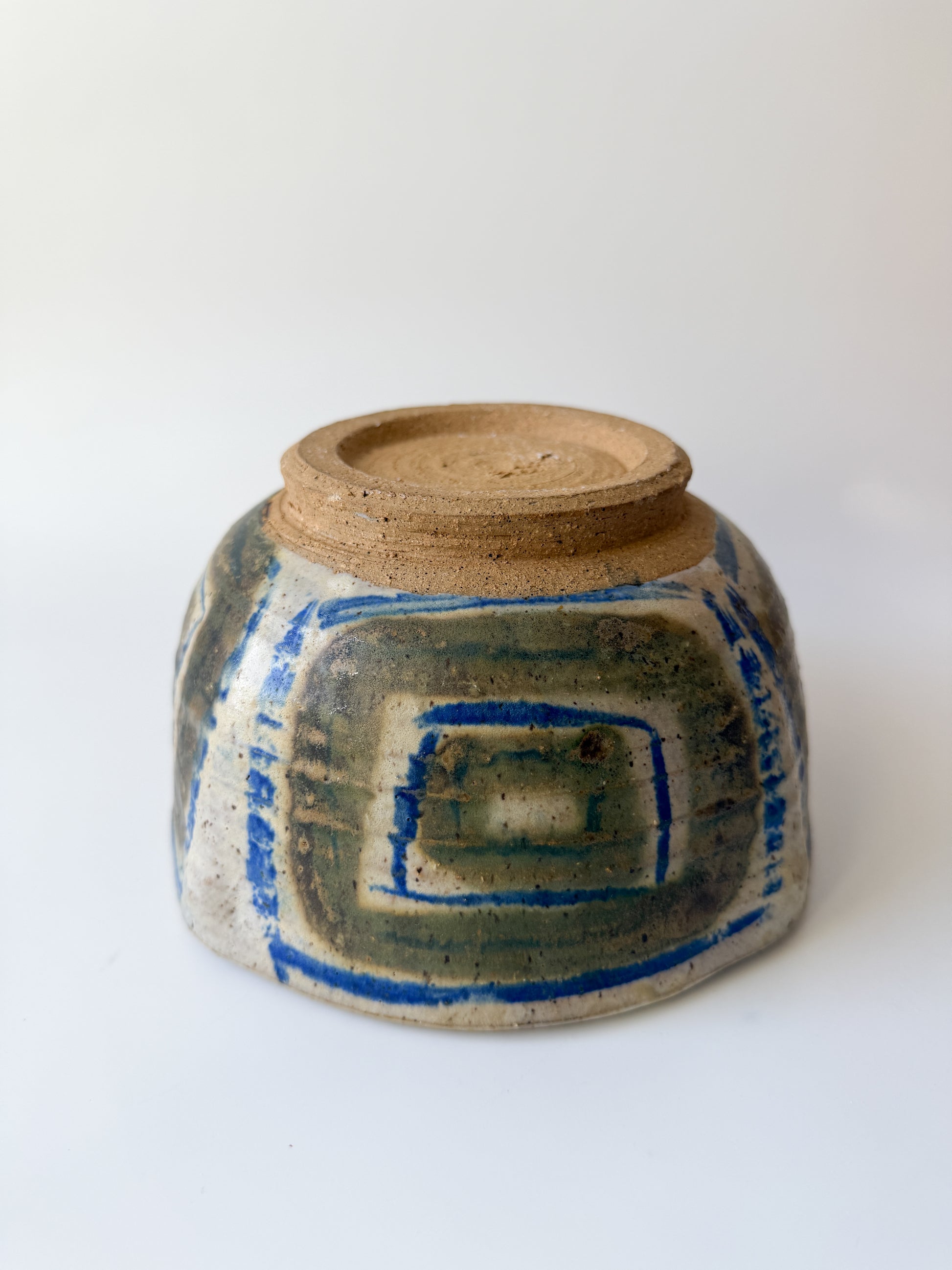 Handmade Pottery Bowl with Blue and Brown Abstract Design