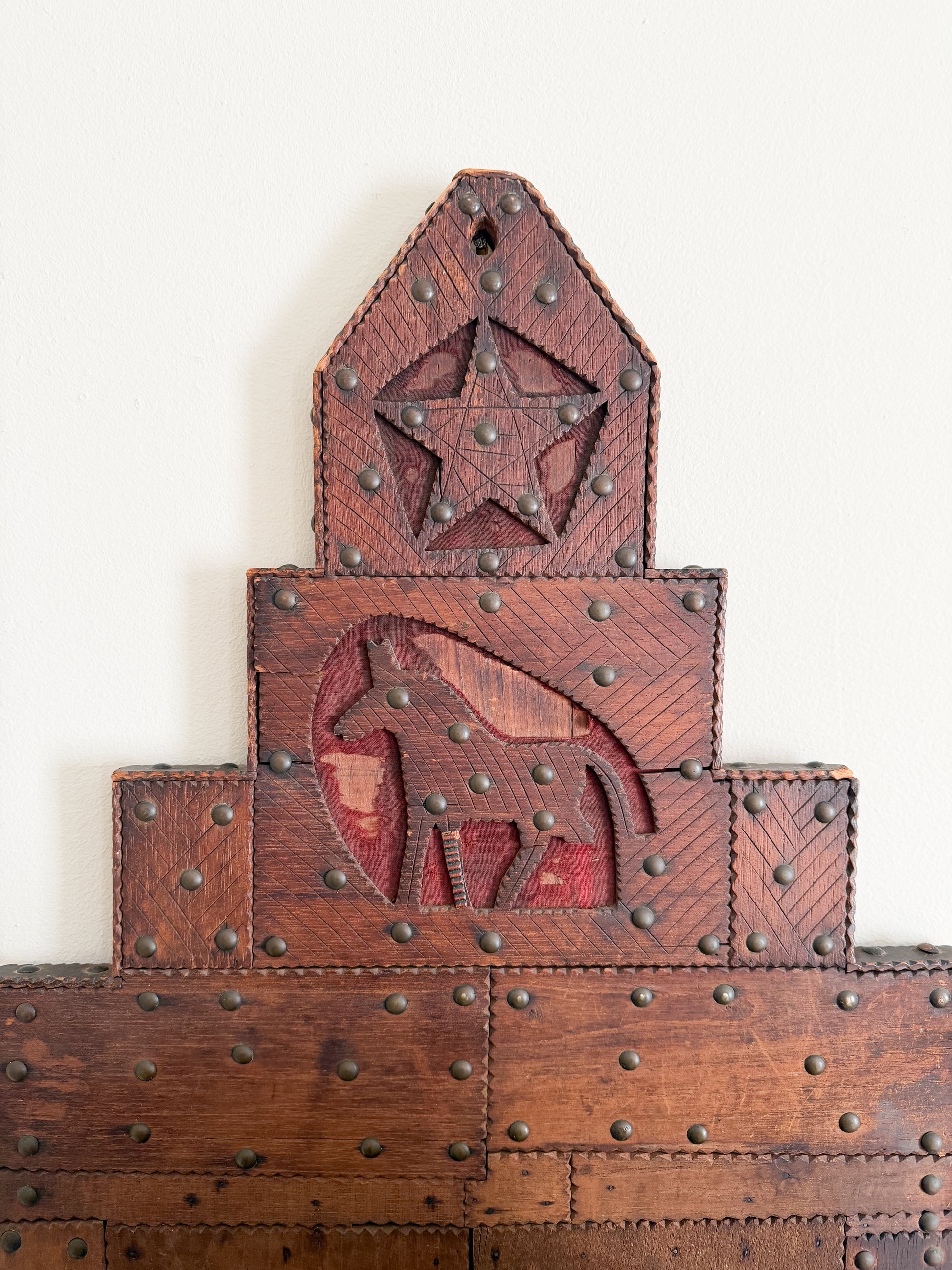 Vintage Folk Art Carved Wood Magazine Rack with Horses