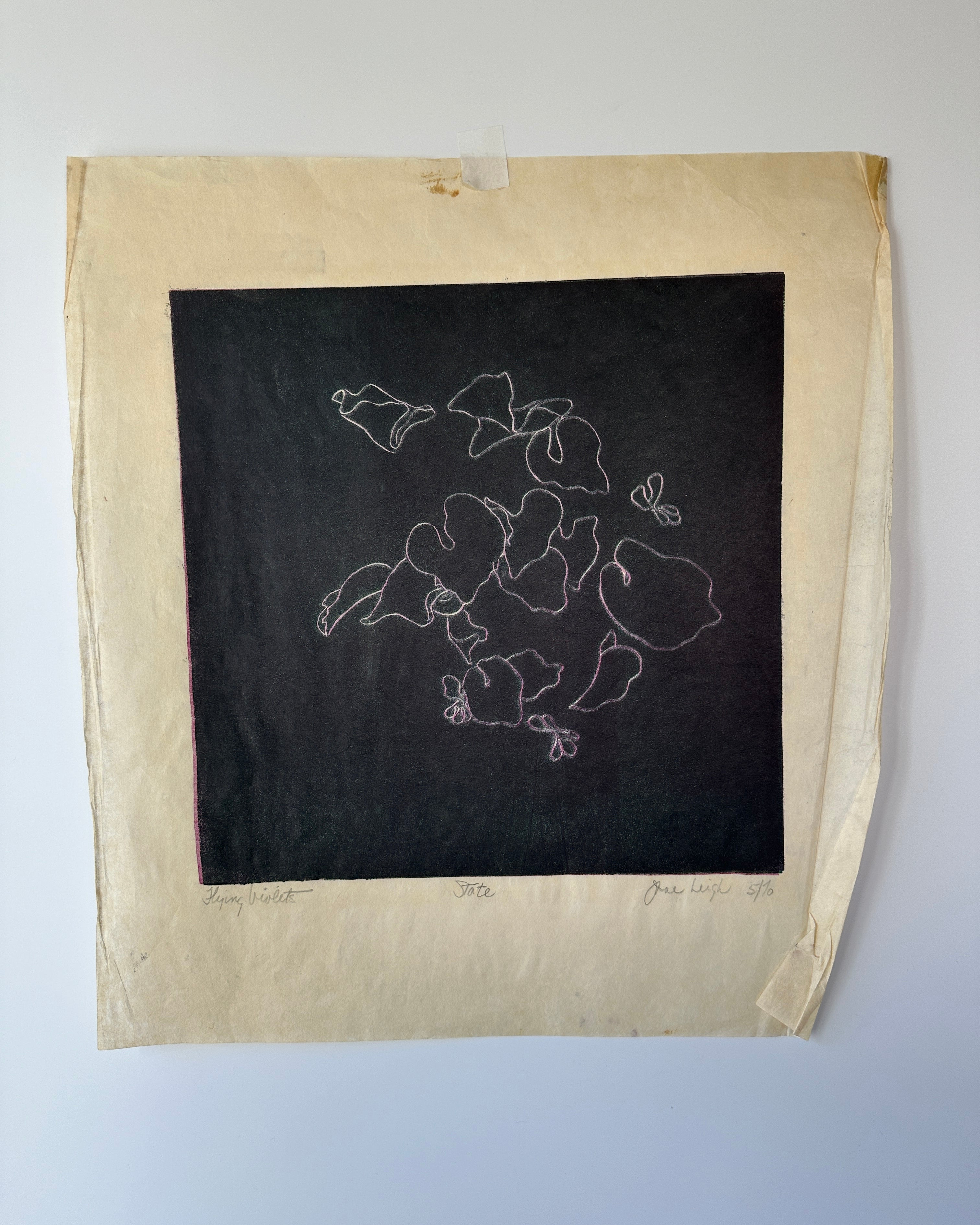 “FLYING VIOLETS” Linocut by the late Jane Matteson