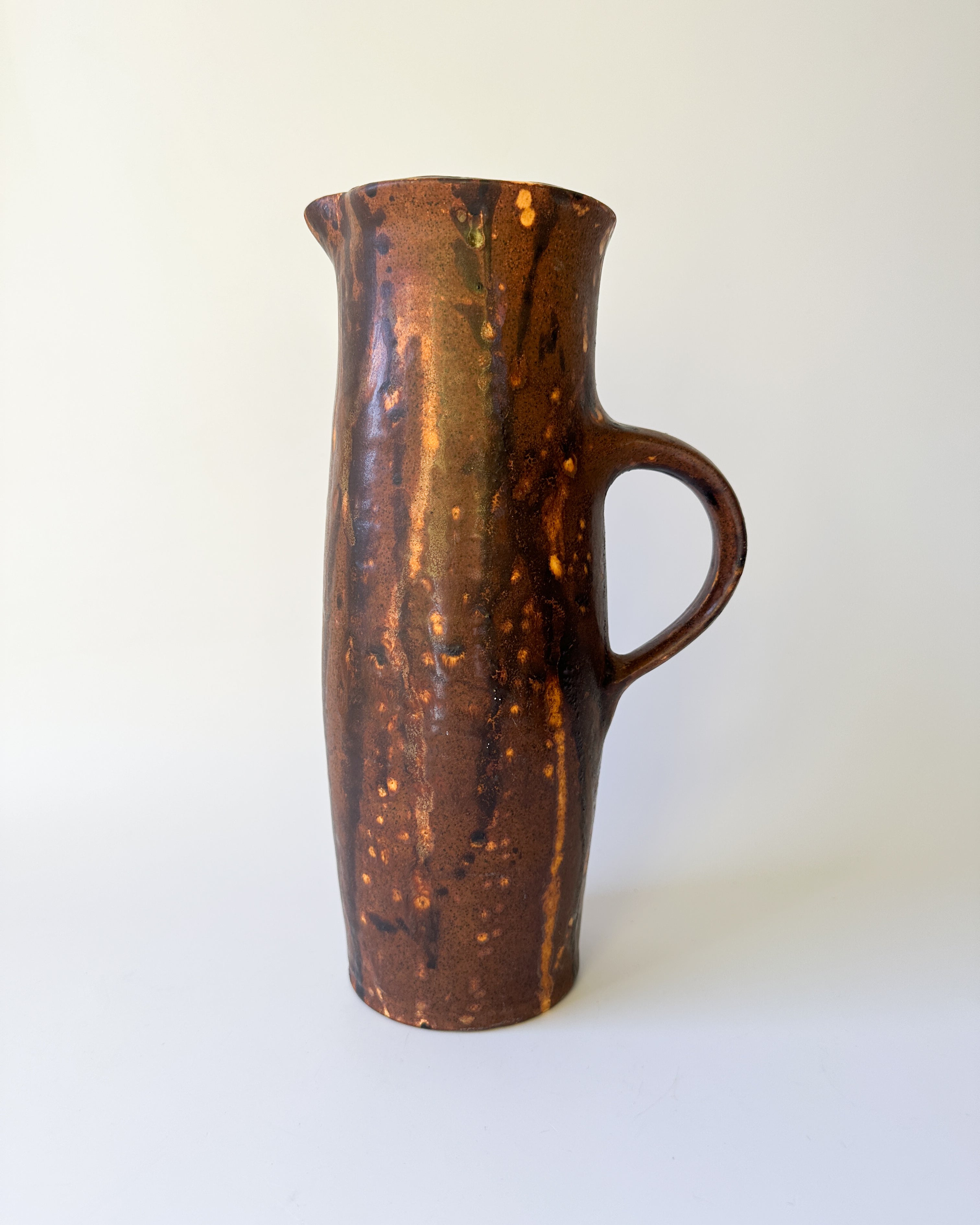 Vintage Brown Ceramic Pitcher with Drip Glaze