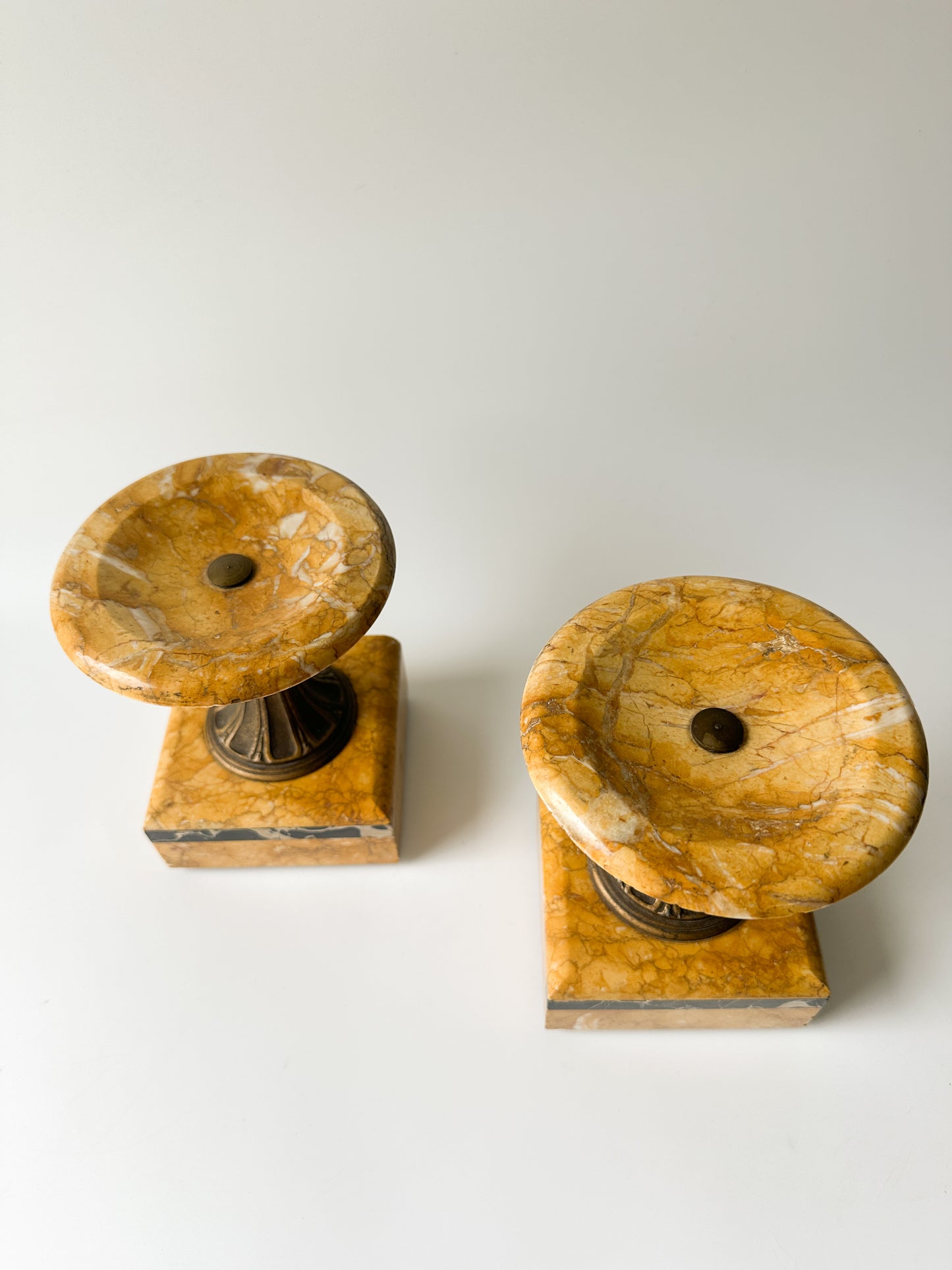 French Art Deco Mantle Clock Yellow and Black Marble Candle Holders (Pair)