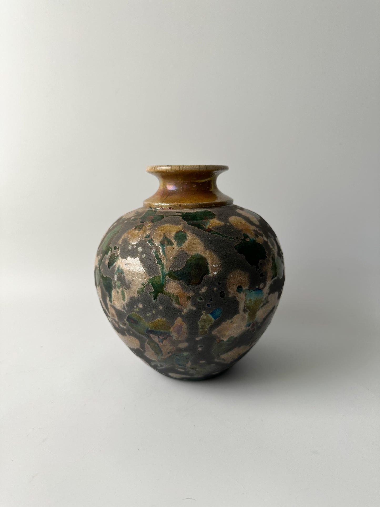 Beautiful Splash Glaze Raku Pottery Vase - Signed
