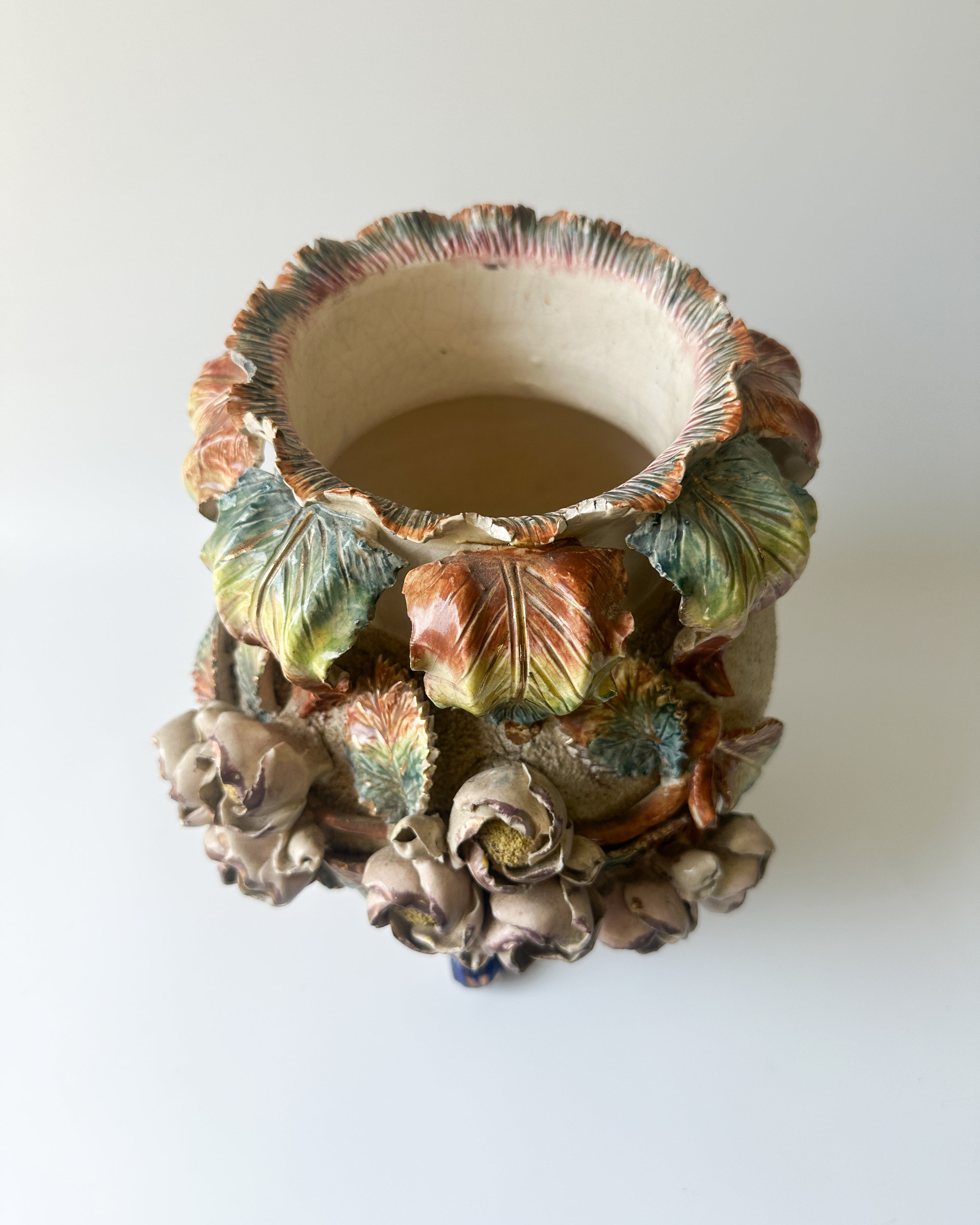 19th Century French Barbotine Majolica Floral Cache Pot Vase