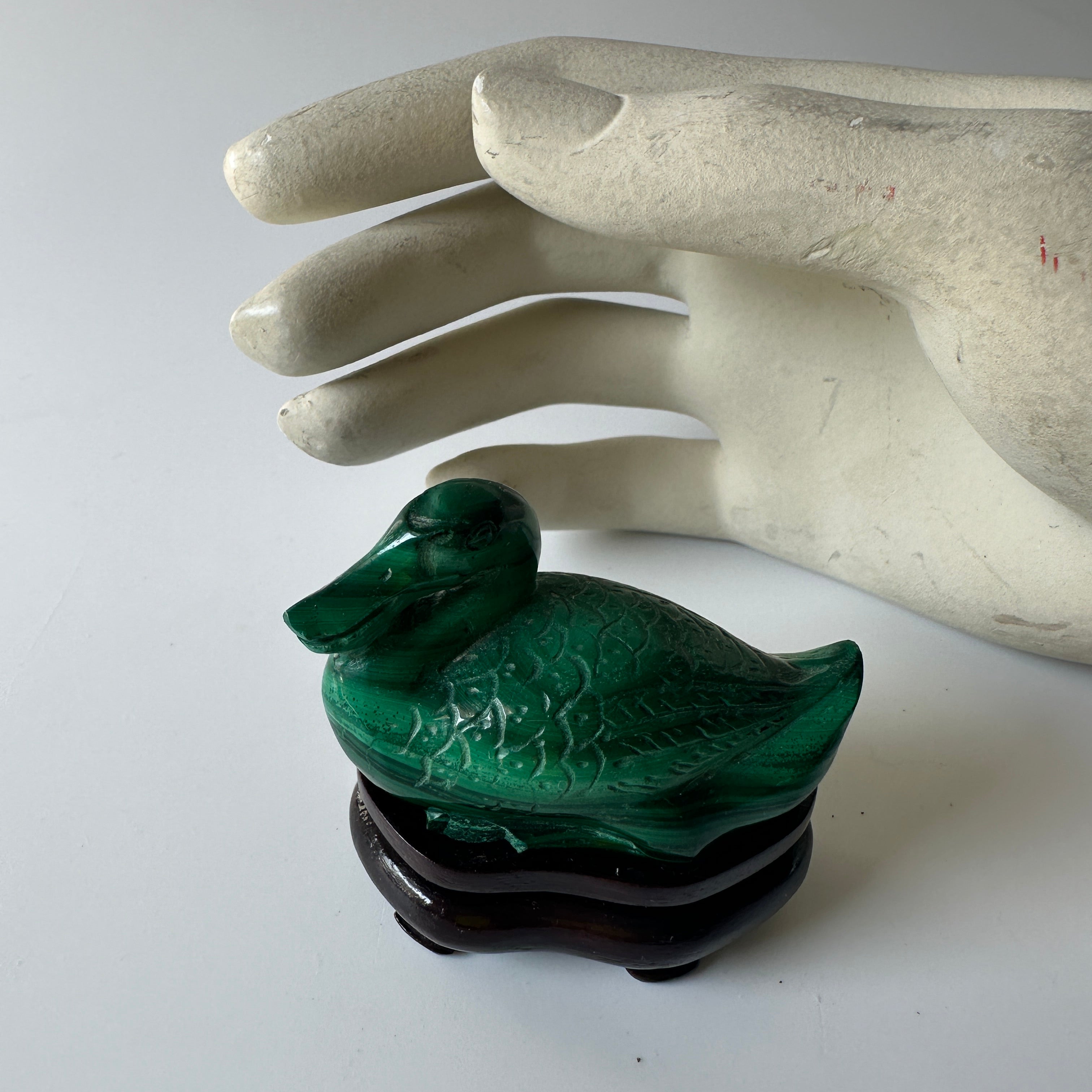 Genuine Malachite Duck with Wood Stand (2.5"L x 1.125"W x 1.375"H)