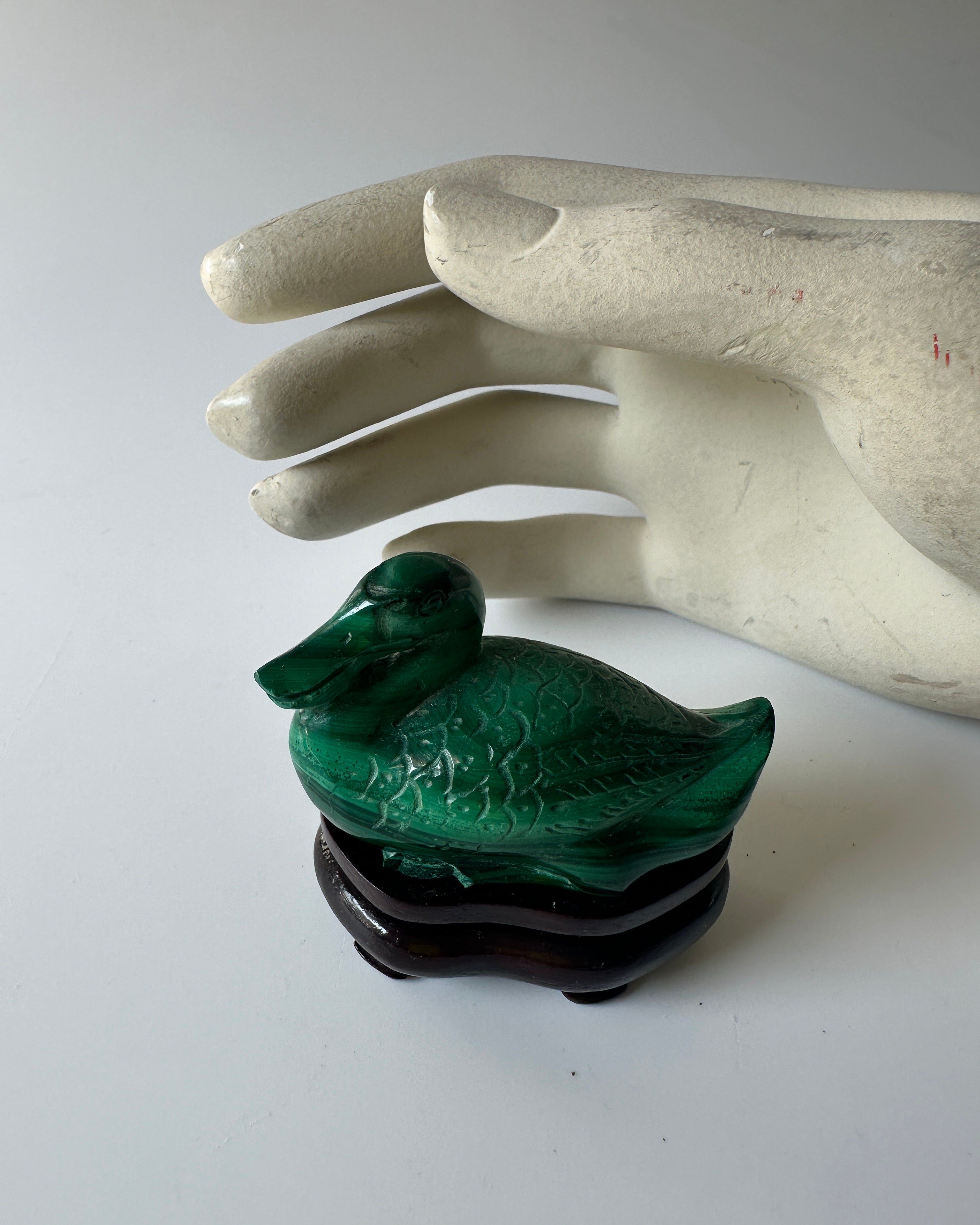 Genuine Malachite Duck with Wood Stand (2.5"L x 1.125"W x 1.375"H)