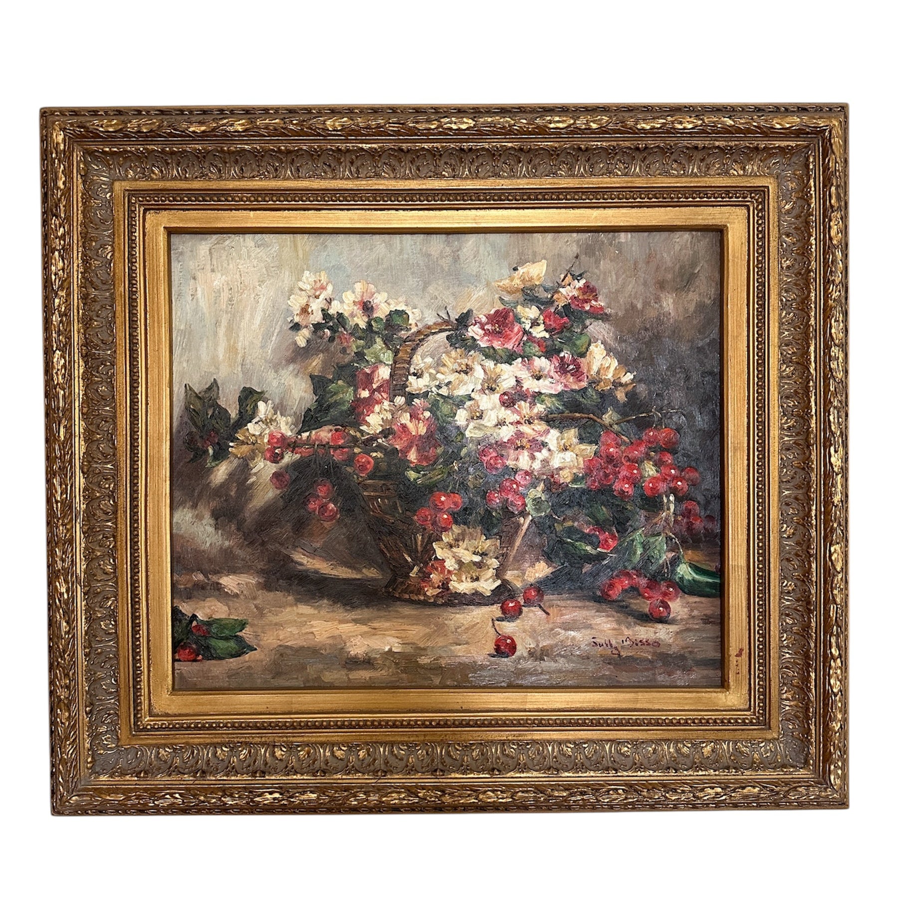 Oil Painting Still Life Basket of Flowers and Berries by Sully Bisso