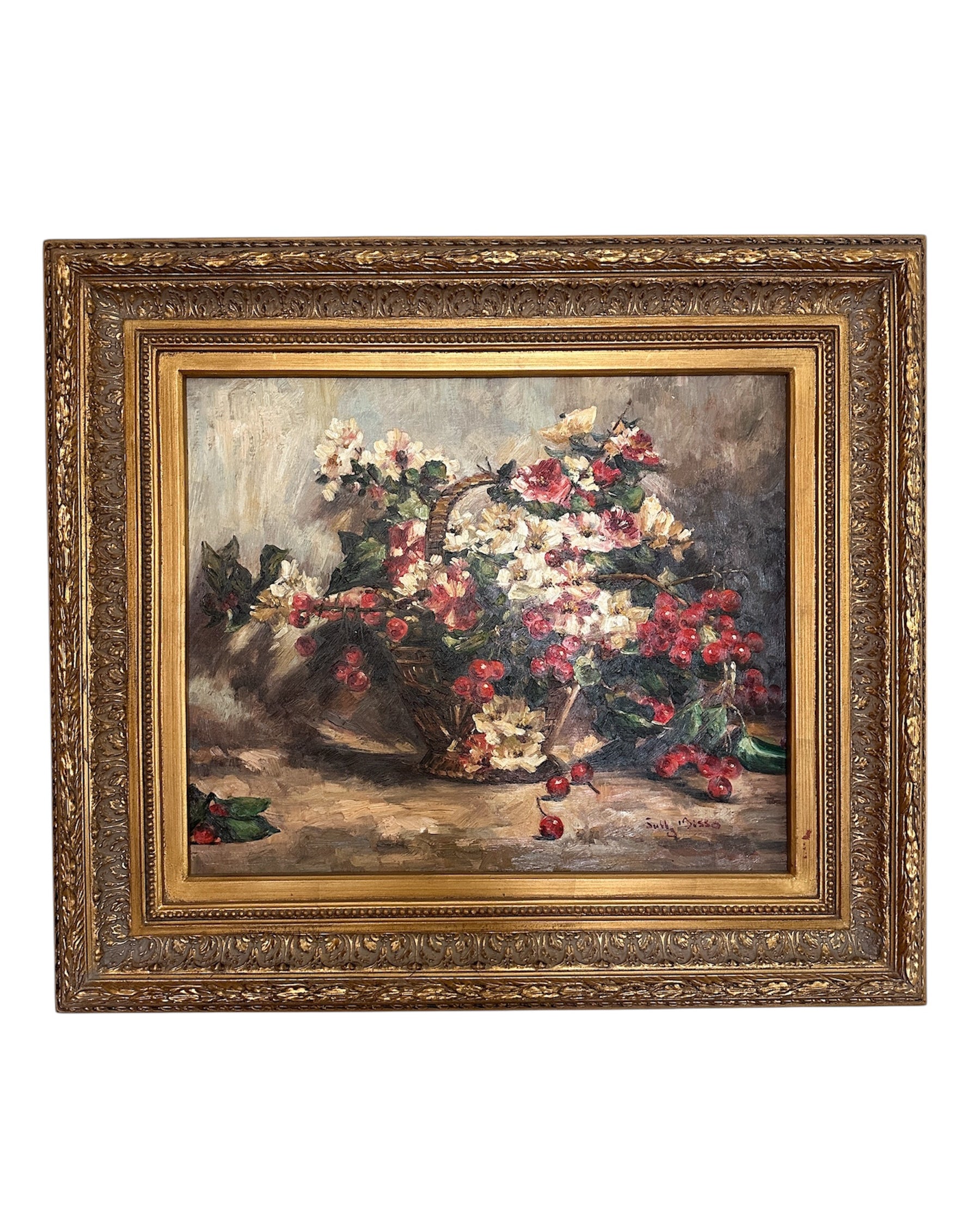 Oil Painting Still Life Basket of Flowers and Berries by Sully Bisso