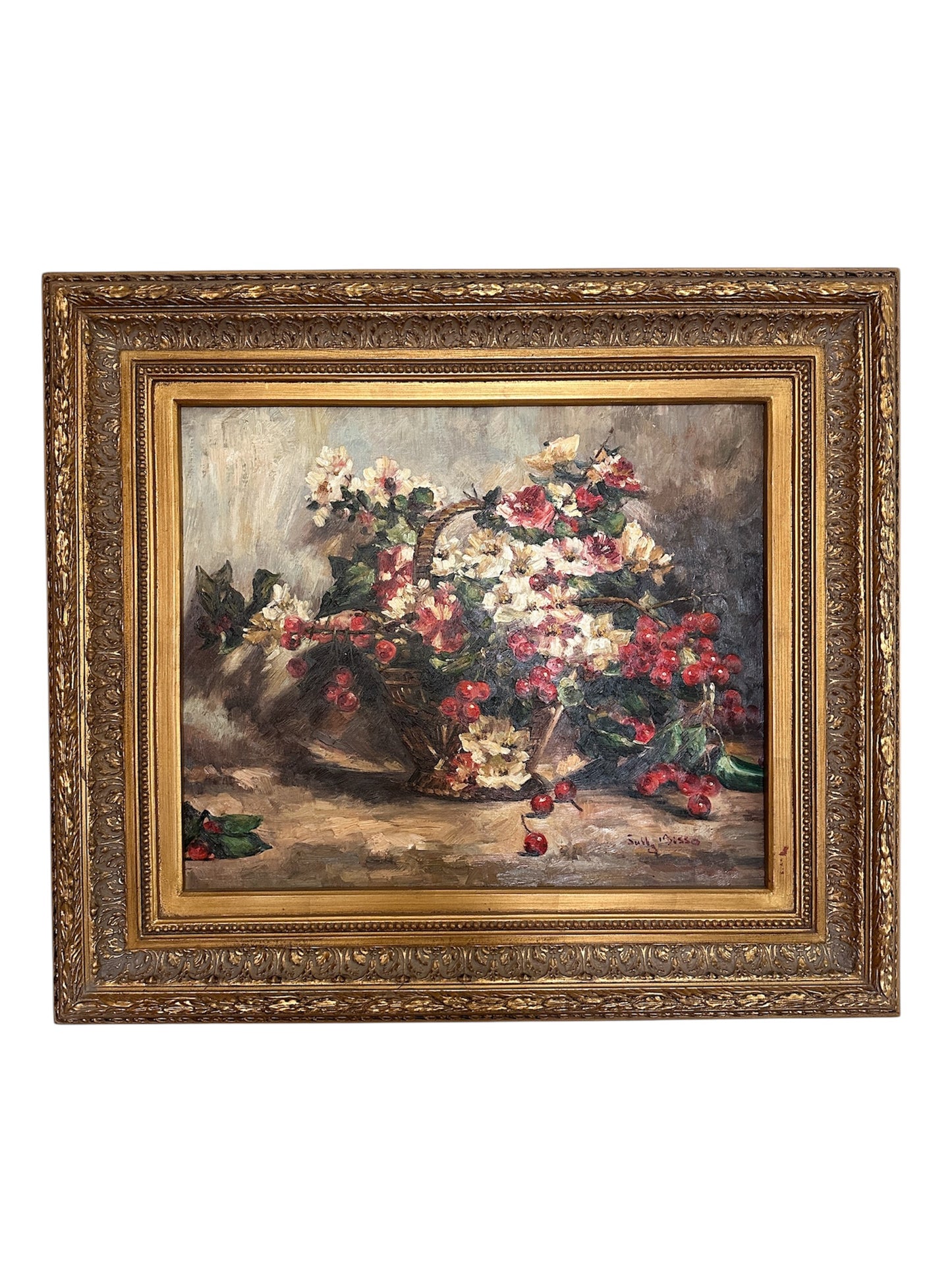Oil Painting Still Life Basket of Flowers and Berries by Sully Bisso
